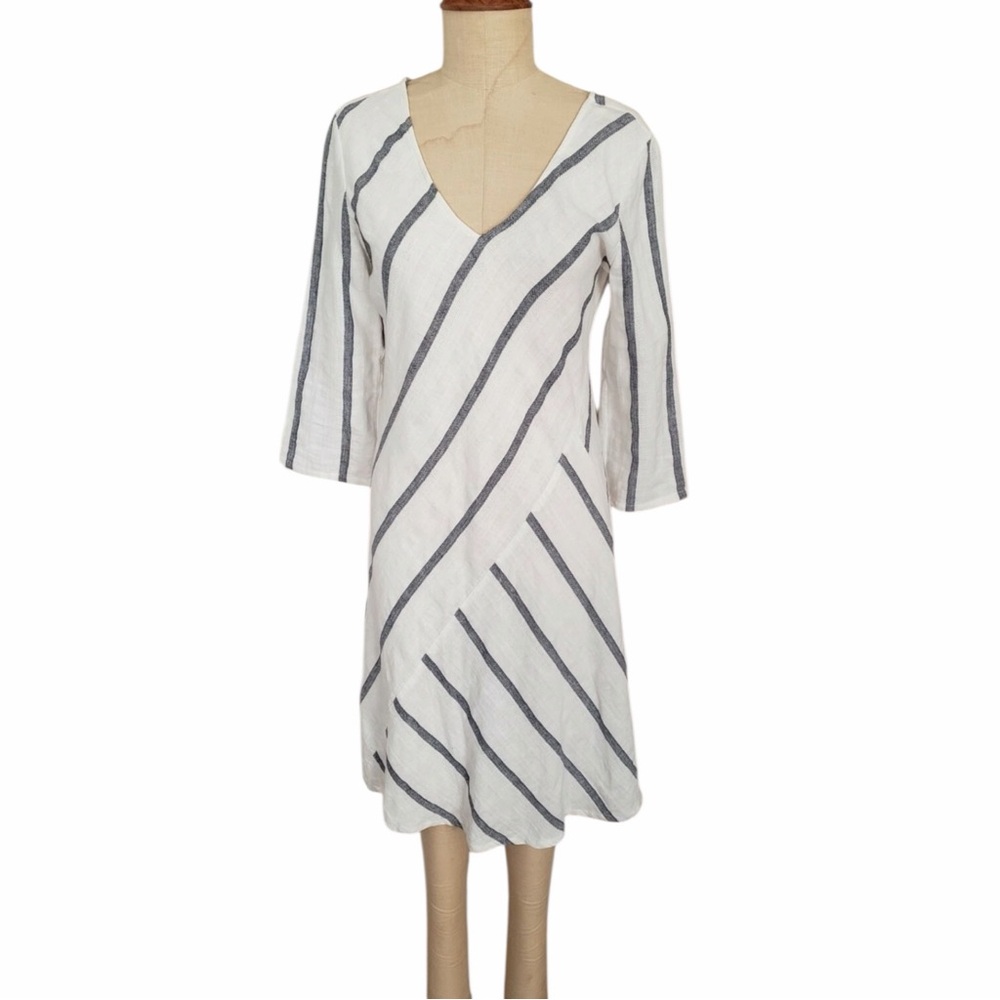 Soft Surroundings Linen Blend White and Navy Stripe Midi Dress Size Small Lined